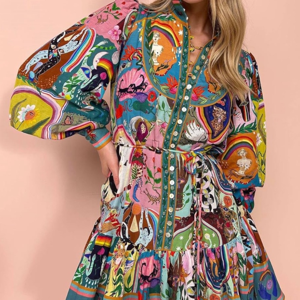 Multicolor print long sleeve ruffle dress.